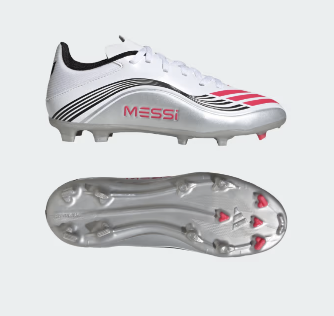 Adidas F50 League Messi FG/MG Junior Fussballschuh, weiss/rot/silber