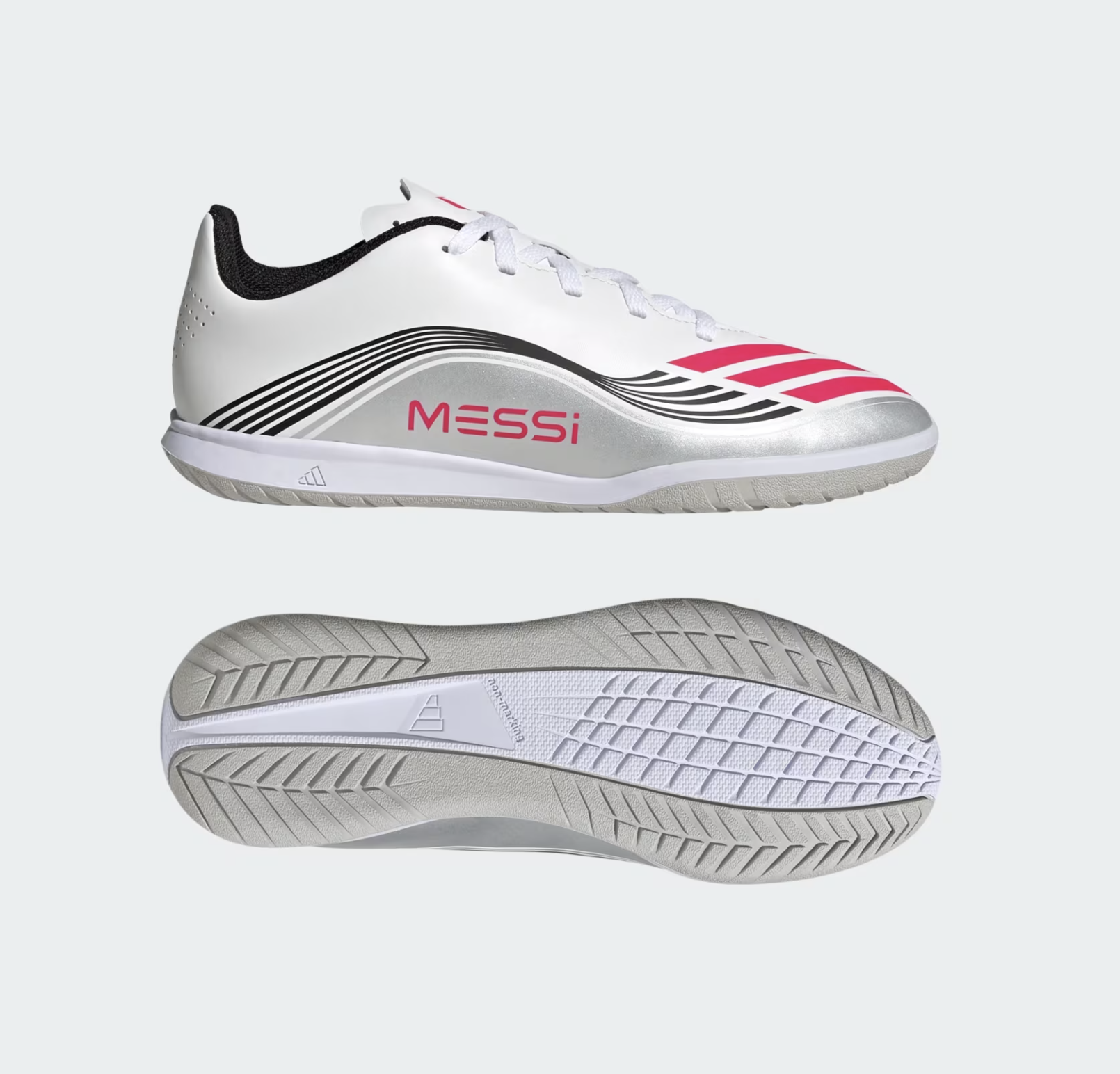 Adidas F50 Club Messi IN Junior Fussballhallenschuh, weiss/silber
