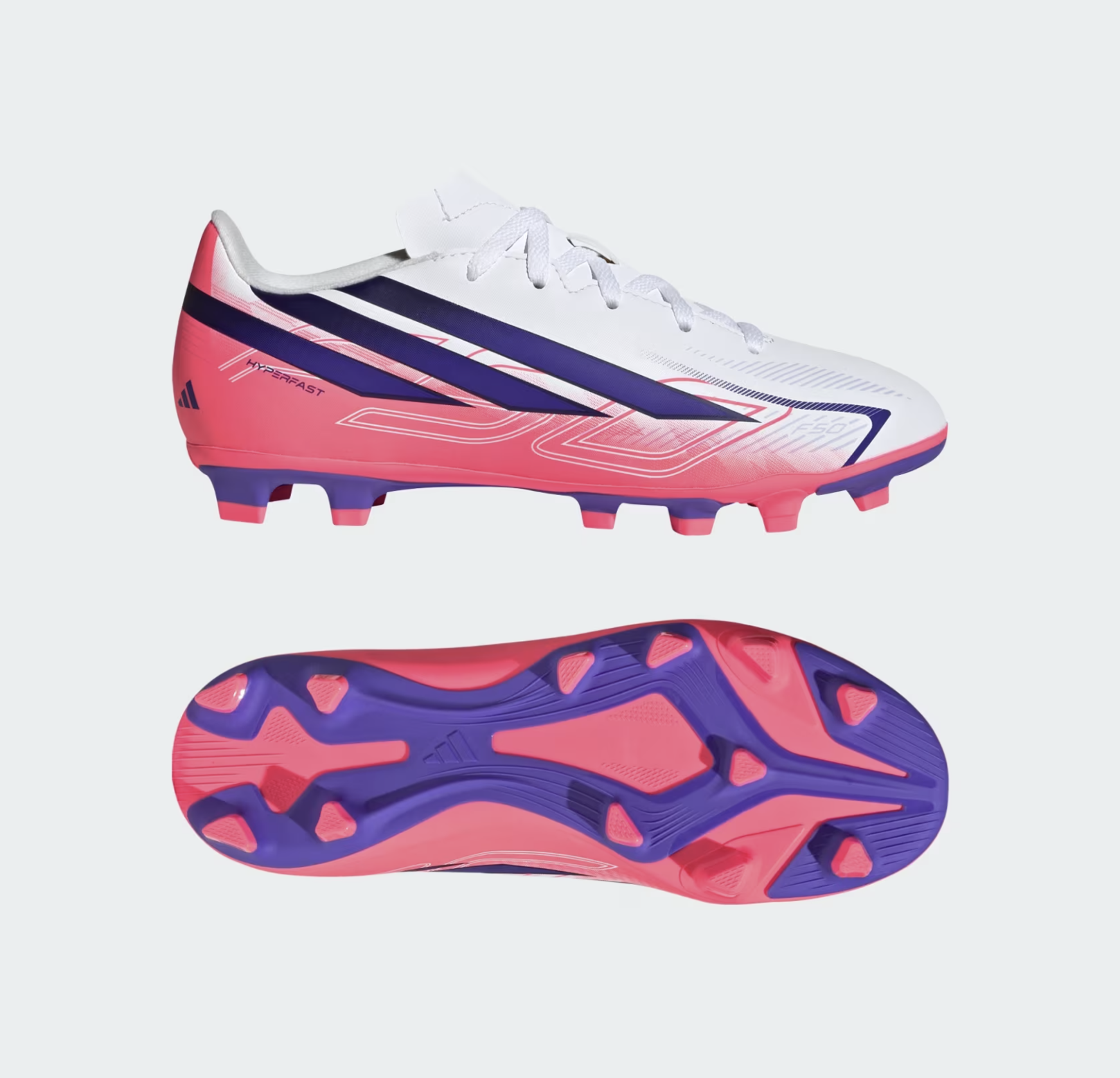 Adidas F50 Hyperfast Club FG/MG Junior Fussballschuh, weiss/purple/rot