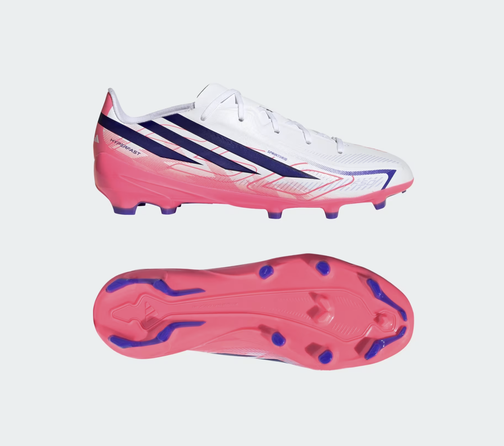 Adidas F50 Hyperfast League FG Junior Fussballschuh, weiss/purple/rot