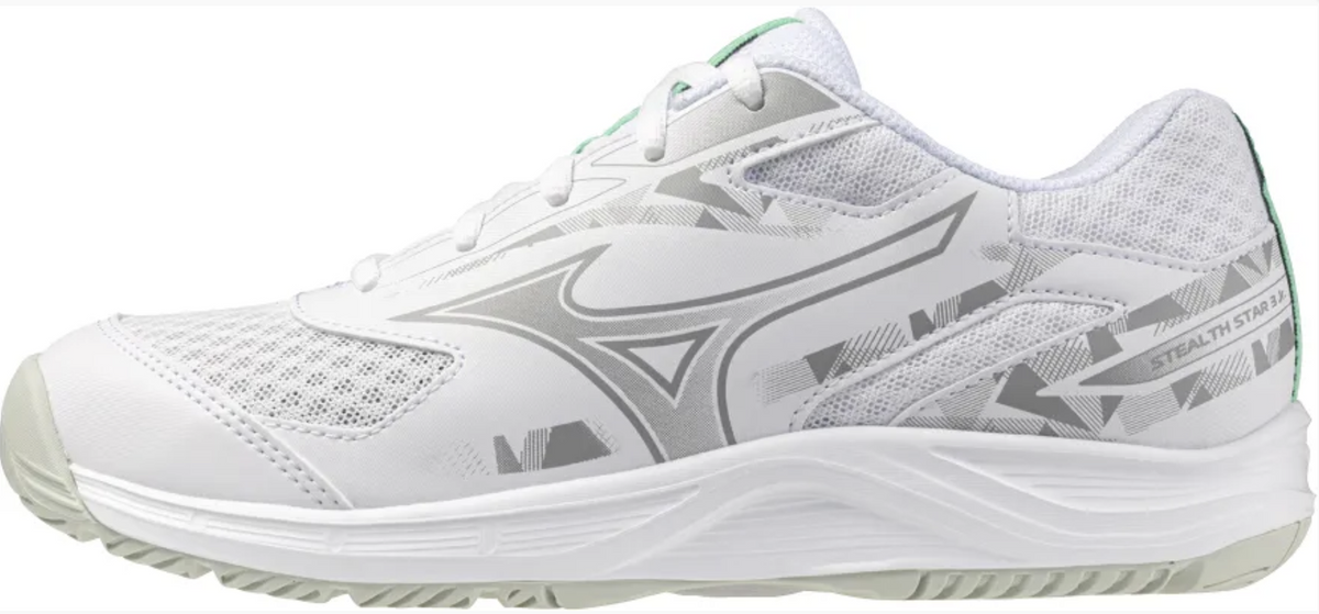 Mizuno Stealth Star 3 Junior Hallenschuh, white/black/frozen emerald
